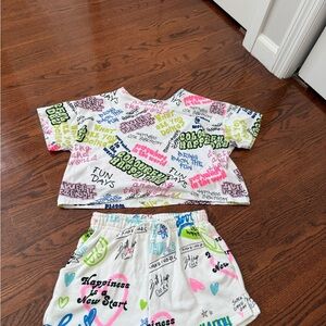 ZARA Graffiti printed shorts matching set, top sz 11-12, shorts sz 13-14
